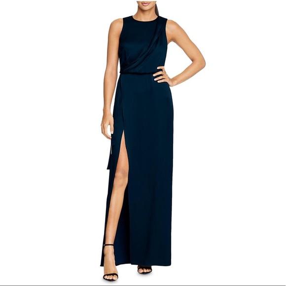 Halston Satin Wrap Evening Dress in Navy